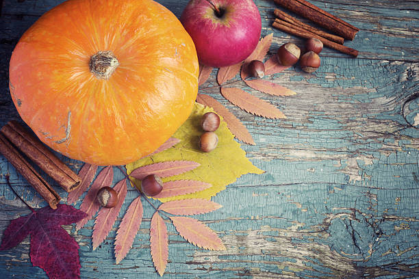 istock Vintage background with pumpkin, nuts and leaves. 587222008