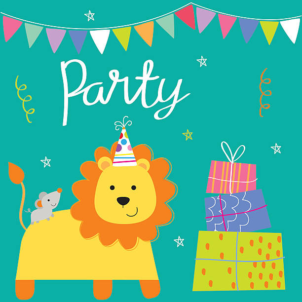 ilustrações de stock, clip art, desenhos animados e ícones de birthday card with cute lion party design - pattern bunting confetti newborn