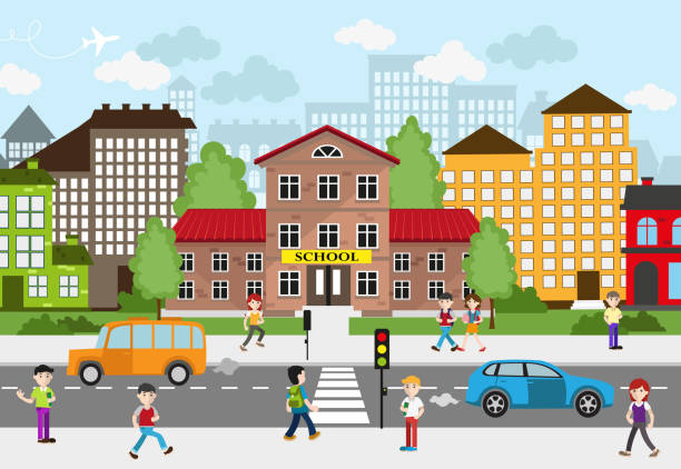 Children going to school Children going to school on a busy city street. School and other buildings in the background. City landscape. Back to school concept illustration. EPS10. Contains transparent objects way to school stock illustrations