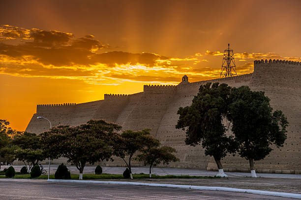 Ark Fortress in Bukhara at sunset Massive Ark fortress (Bukhara, Uzbekistan) against beautiful sunset background. Green and  blossom trees in foreground. bukhara stock pictures, royalty-free photos & images