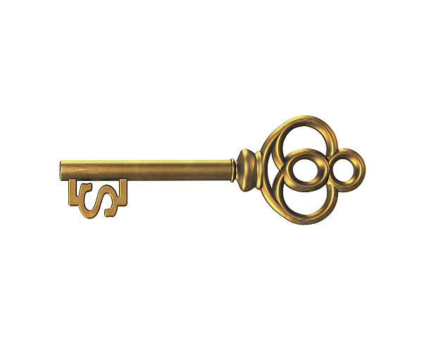 istock Gold treasure key in dollar sign shape, 3D rendering 587226282