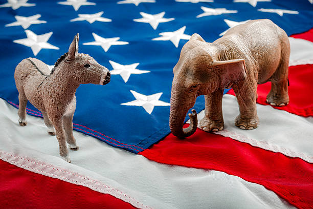 Political face off in November Democrats vs republicans are facing off in a ideological duel on the american flag. In American politics US parties are represented by either the democrat donkey or republican elephant political rally photos stock pictures, royalty-free photos & images