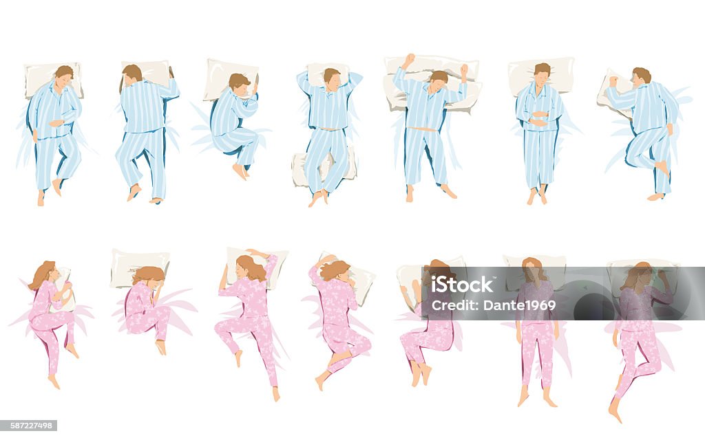 Illustration of different positions that take in sleep and dream different representations of man and woman sleeping in bed. Illustrations with positions taken during rest Position stock illustration