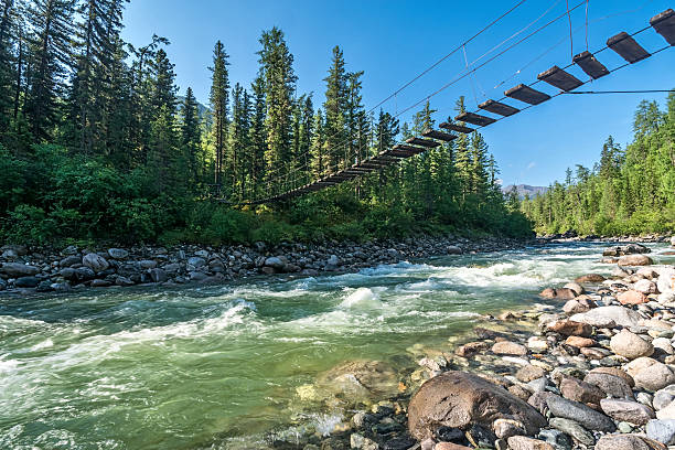 istock Suspension bridge over the river Bilyuty in Tunka range 587227878