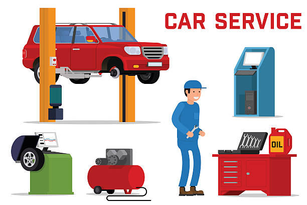 ilustrações, clipart, desenhos animados e ícones de serviços de carro - reparo de manutenção e diagnósticos. - repairing computer work tool conformity