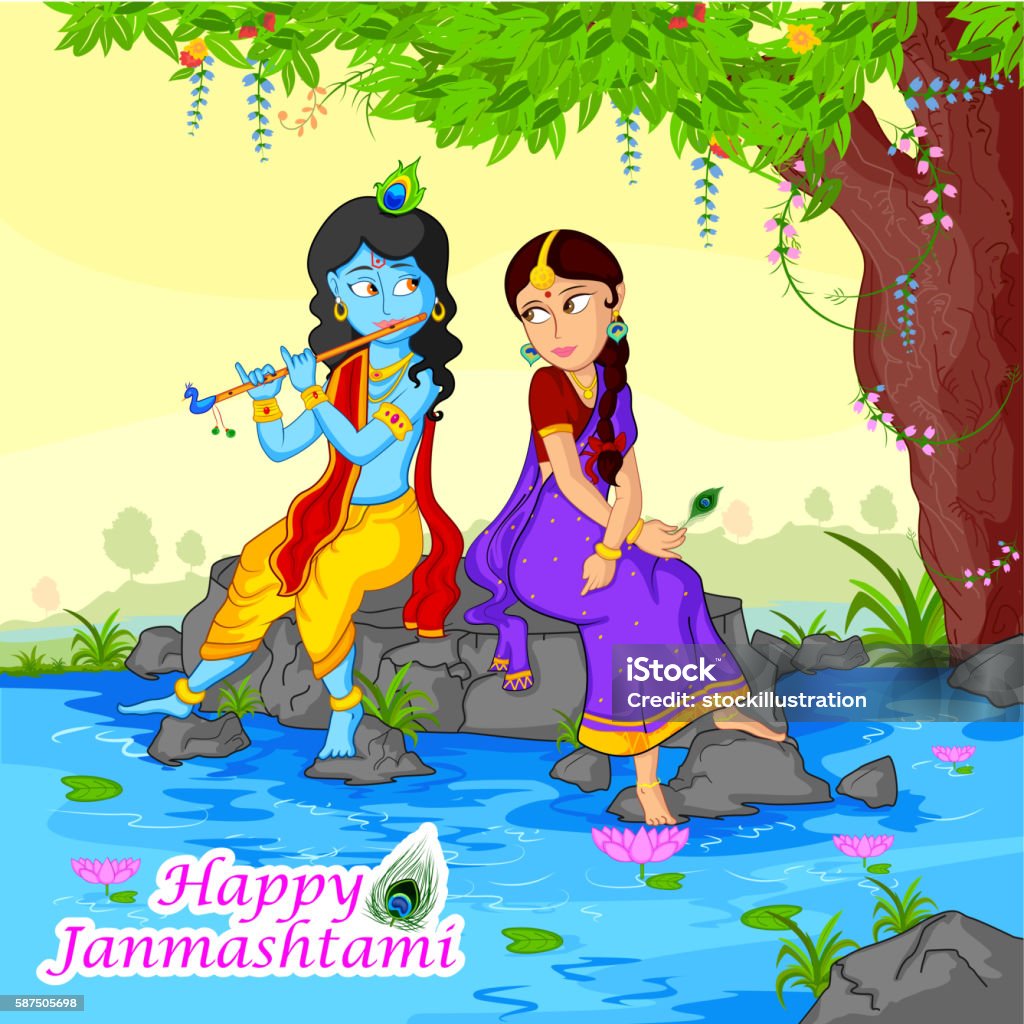 Krishna Playing Flute With Radha On Janmashtami Background Stock  Illustration - Download Image Now - iStock