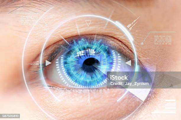 Closeup Of Blue Eye High Technologies In The Futuristic Stock Photo - Download Image Now