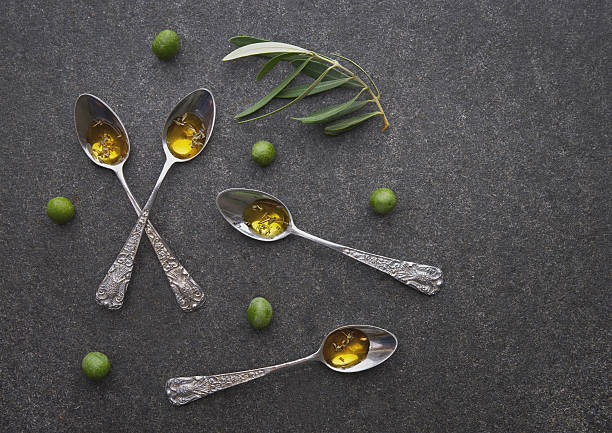 istock Olive oil in vintage spoons 587506504