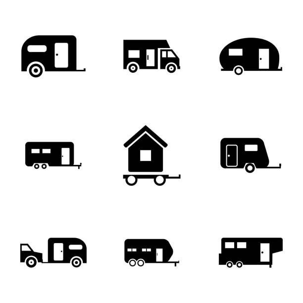 векторные иконки набор черный трейлер - mobile home camping isolated vehicle trailer stock illustrations