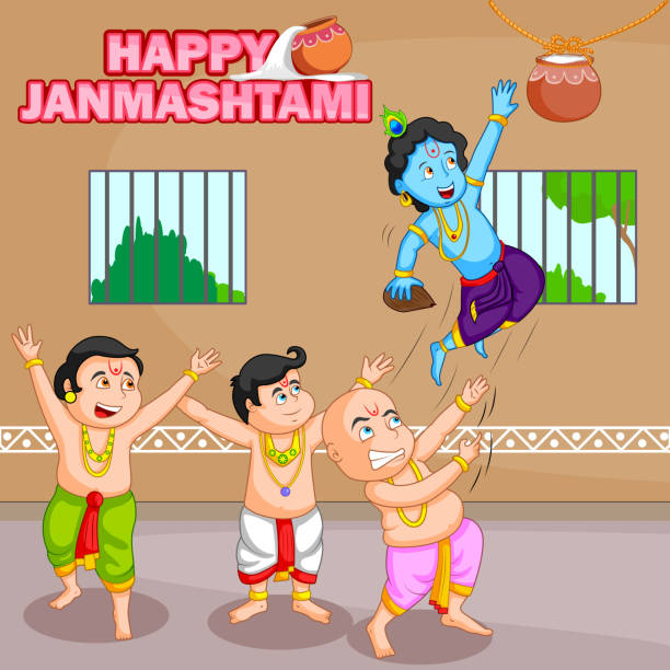 Krishna breaking dahi handi in Janmashtami Krishna breaking dahi handi in Janmashtami background in vector mahabharata stock illustrations