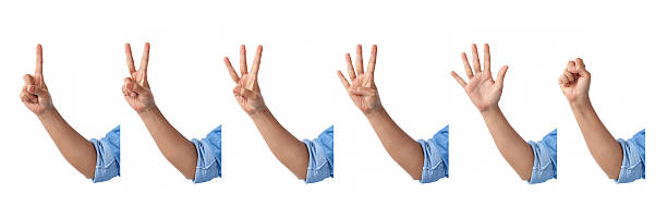 set of counting front hands sign in a jean shirt. - close to moving up closed women imagens e fotografias de stock