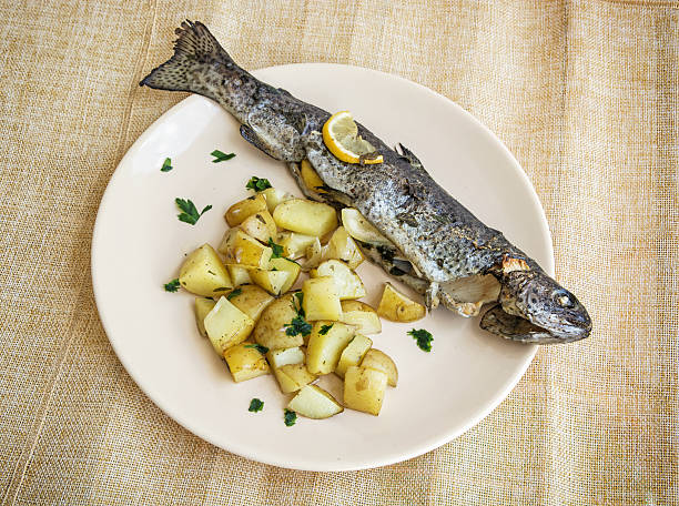 istock Delicious grilled trout with potatoes and lemon 587509788