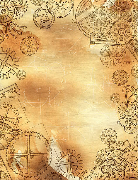 Frame with mechanical parts, gears and cogs on texture background Graphic linear frame with mechanical parts, gears and cogs on old paper texture background. Border with hand drawn elements. Steampunk and old technology style steampunk fashion stock illustrations