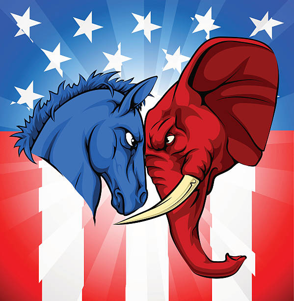 Donkey Elephant American Election Concept American politics or election debates concept with animal mascots of the democrat and republican political parties. Donkey and elephant facing off. government backgrounds stock illustrations