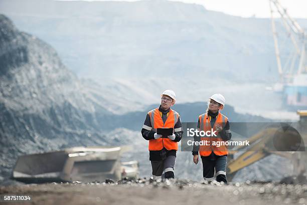 Workers With Coal At Open Pit Stock Photo - Download Image Now - Mining - Natural Resources, Miner, Occupation
