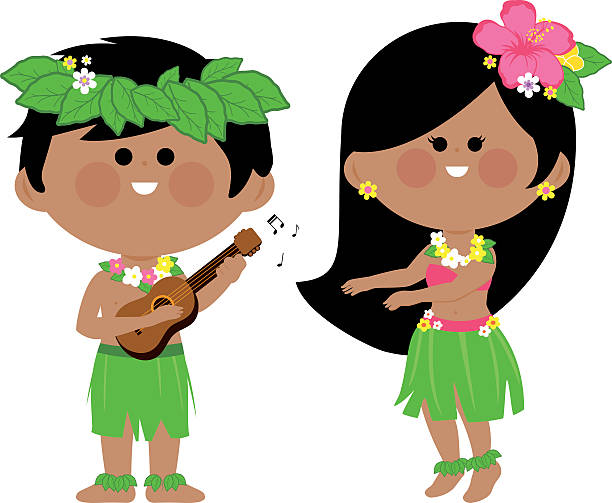 Hawaiian children playing music and hula dancing Vector illustration of a Hawaiian boy playing music with his guitar and a Hawaiian hula dancer girl dancing. grass skirt stock illustrations