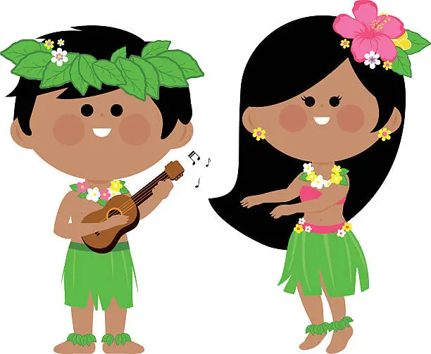 Vector illustration of Hawaiian children playing music and hula dancing