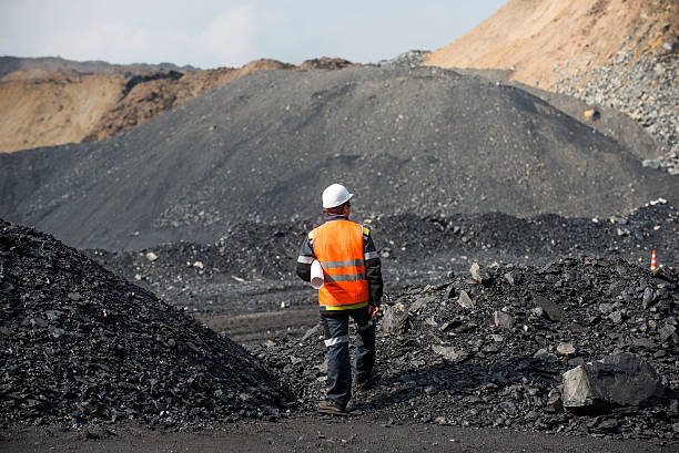 Coal mining in an open pit Coal mining in an open pit - Worker is looking on the huge open pit coal mine stock pictures, royalty-free photos & images