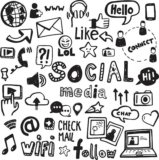 social media und kritzeleien - at symbol connection technology community stock-grafiken, -clipart, -cartoons und -symbole