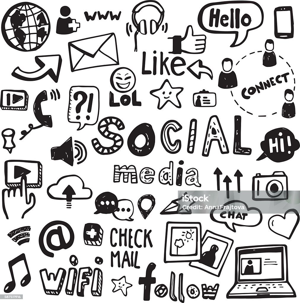 Social Media Doodles Set of vector doodles - can be used to illustrate social media, connectivity, online activities, technology. Drawing - Activity stock vector