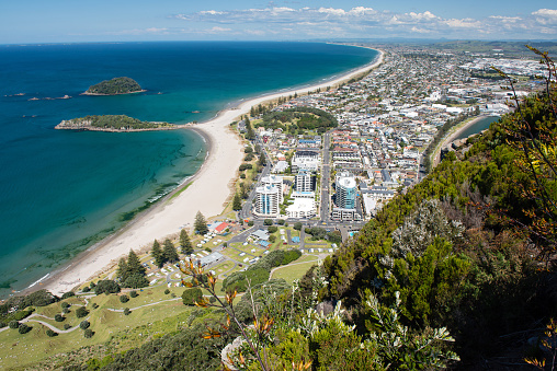 Omanu Beach viewed from the top of Mount Maunganui, Bay of Plenty, North Island New Zealand