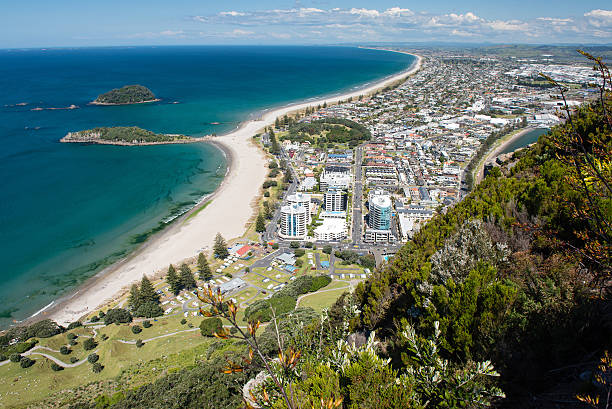 Omanu Beach from the top of Mount Maunganui, New Zealand Omanu Beach viewed from the top of Mount Maunganui, Bay of Plenty, North Island New Zealand mount maunganui stock pictures, royalty-free photos & images