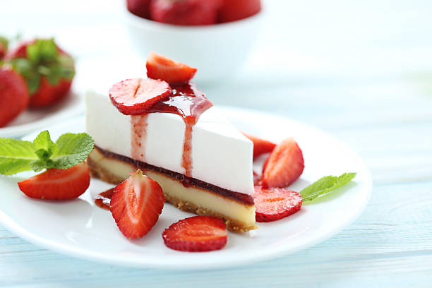 istock Strawberry cheesecake on plate on blue wooden table 587512726