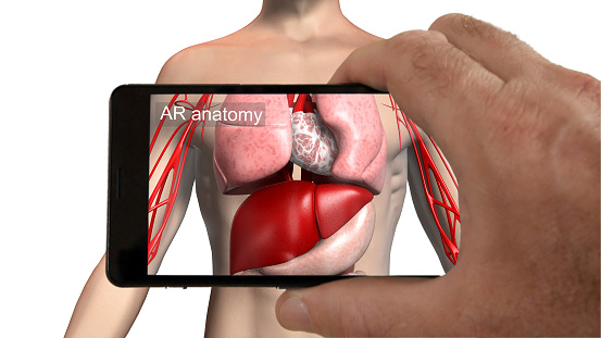 Smartphone augmented reality app showing organs inside a body.