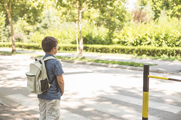 istock School boy crossing the street 587515742