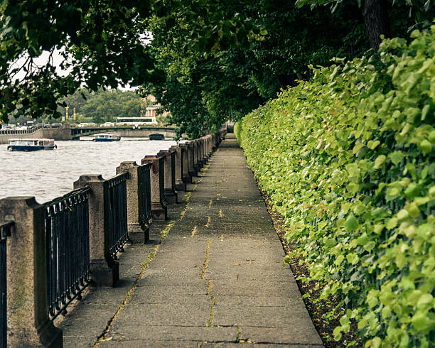 istock bridge at railing along the river in summer cloudy day 587516644