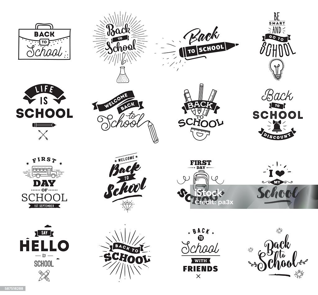 Back to school typographic labels set. Back to school typographic labels set. Isolated vector elements. First day of school emblems. Calligraphy, lettering design. Usable for greeting cards, posters, banners. Back to School stock vector