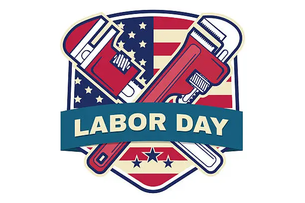 Vector illustration of Labor day badge emblem with wrenches and American flag.