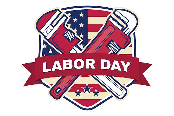 Vector illustration of Labor day badge emblem with wrenches and American flag.
