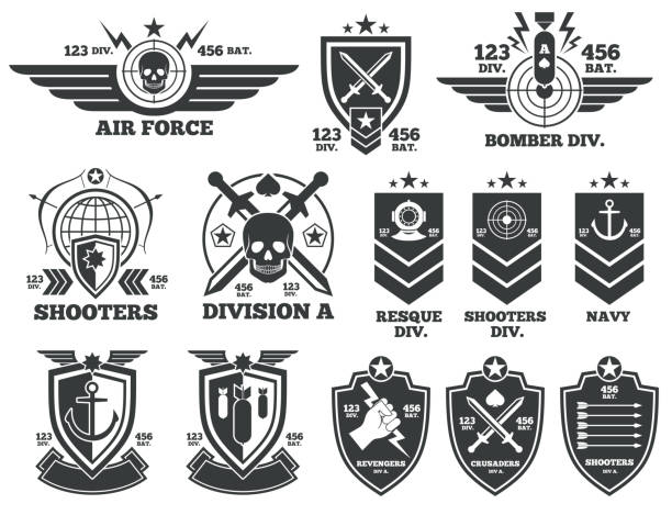 ilustrações, clipart, desenhos animados e ícones de etiquetas e patches de vetores militares vintage - armed forces military insignia badge