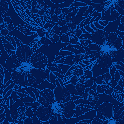 Tropical seamless pattern with exotic plants and hibiscus flowers. Vector illustration.