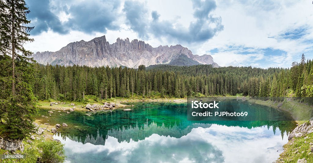 Panoramic view Carezza Lake  - Trentino Alto Adige - Italy Val Di Fassa Stock Photo