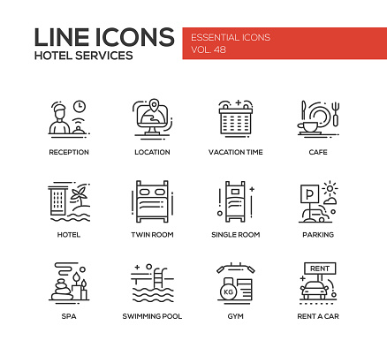 Hotel services - set of modern vector plain line design icons and pictograms. Reception, location, vacation time, cafe, twin, single room, parking, spa, swimming pool, gym, rent a car