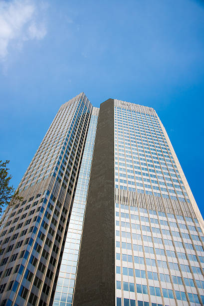 istock Bottom view of modern skyscrapers in business district 587523232