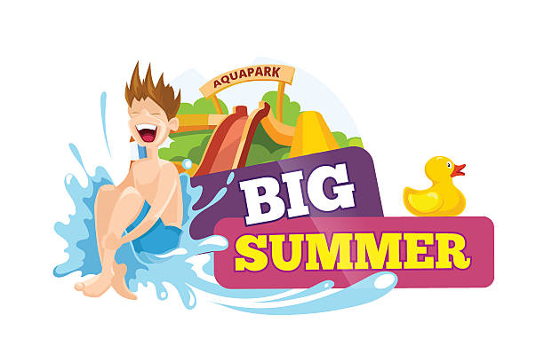 illustrations, cliparts, dessins animés et icônes de illustration vectorielle de l'été label - inflatable child playground leisure games