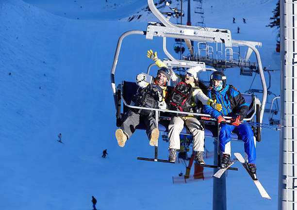istock Cheerful young people making selfie on ski lift 587525410