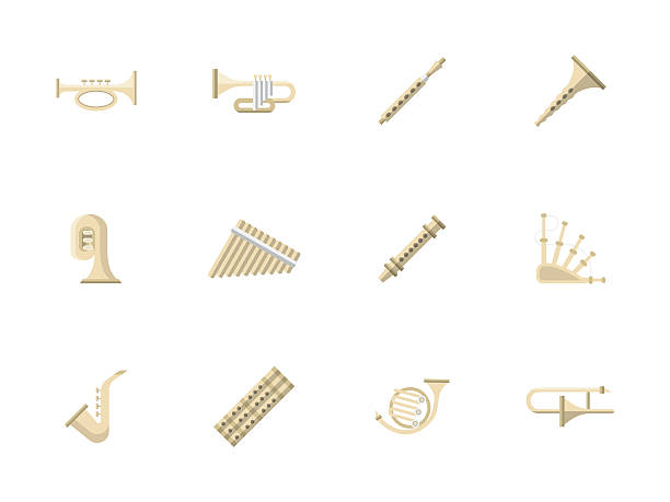 ветровые инструменты плоские значки вектора цвета - trombone musical instrument wind instrument brass band stock illustrations