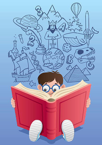 Learning Little boy learning many things from book. english culture illustrations stock illustrations