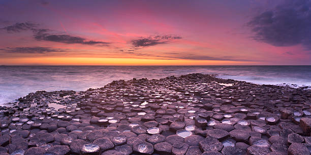 The Giant's Causeway in Northern Ireland at sunset Sunset over the basalt rock formations of Giant's Causeway on the north coast of Northern Ireland. giants causeway photos stock pictures, royalty-free photos & images