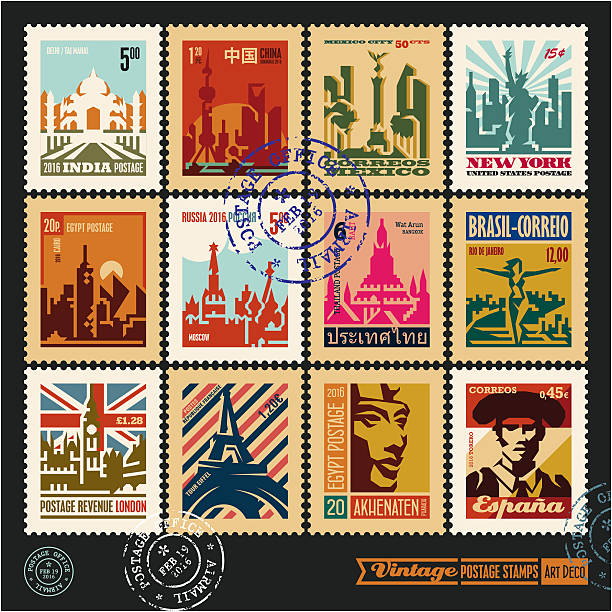 ilustrações de stock, clip art, desenhos animados e ícones de postage stamps, cities of the world, travel labels - etiqueta mensagem ilustrações