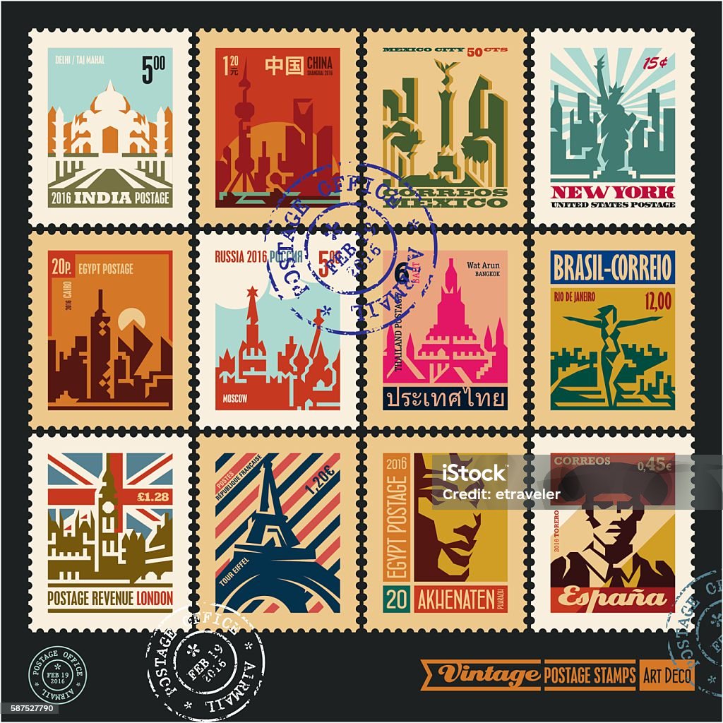 postage stamps, cities of the world, travel labels postage stamps, cities of the world, vintage travel labels and badges set, art deco style vector posters collection, seal and postmark design templates Postage Stamp stock vector