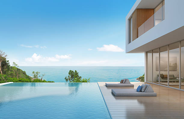 casa de playa con piscina en diseño moderno - casa solariega fotografías e imágenes de stock