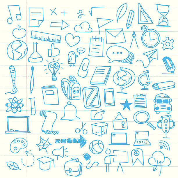 illustrazioni stock, clip art, cartoni animati e icone di tendenza di torna agli elementi di schizzo della scuola - symbol computer icon technology social networking