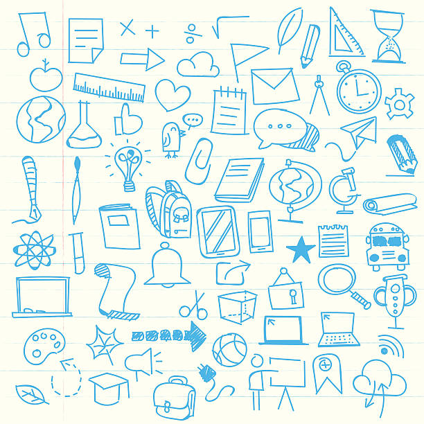 Back to school sketch elements Set of hand drawn back to school design elements. laptop patterns stock illustrations