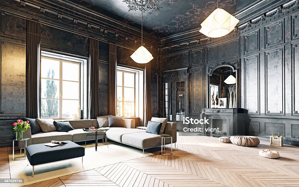 black living room modern style black living room apartment. 3d rendering Luxury Stock Photo