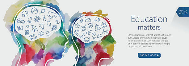 ilustrações, clipart, desenhos animados e ícones de banner de aquarela representando a educação, incluindo ícones definidos - computer learning brain illustration and painting